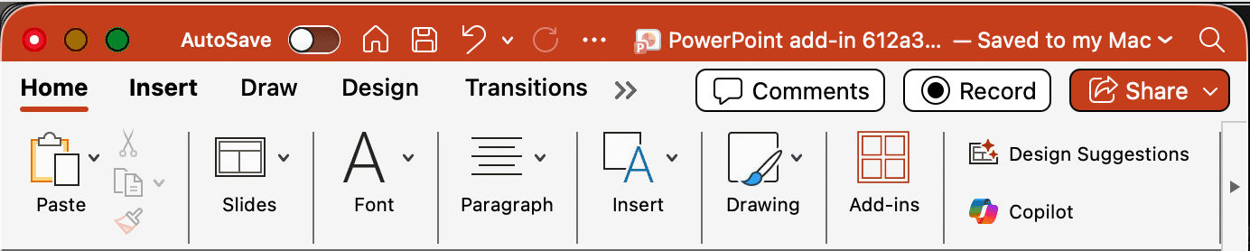 PowerPoint Home ribbon with Add-ins button highlighted