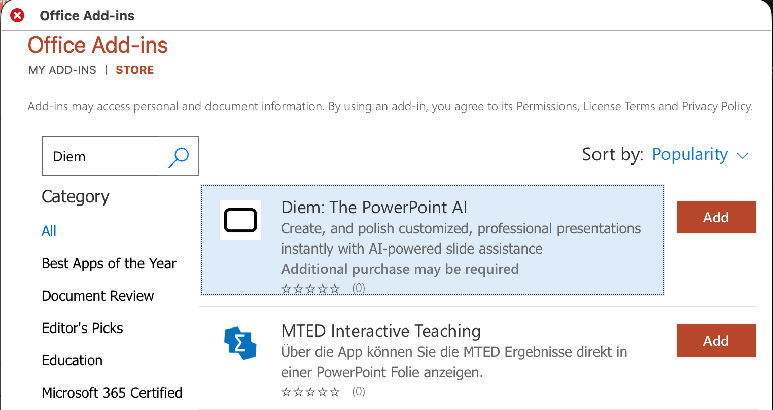 Office Add-ins store showing Diem search results